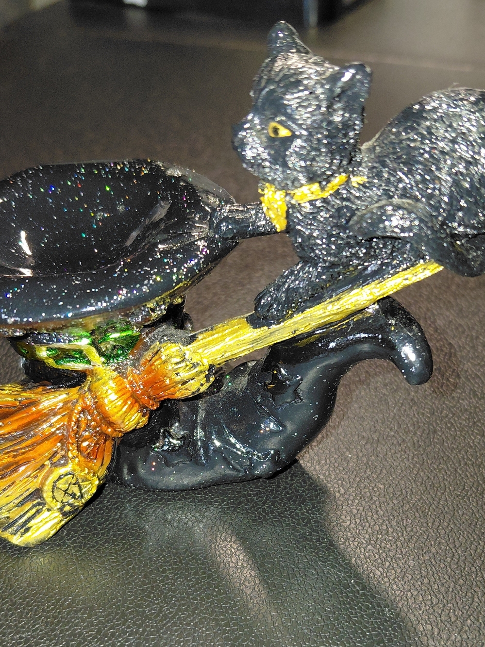 Black Cat & Broom Resin Crystal Sphere Holder